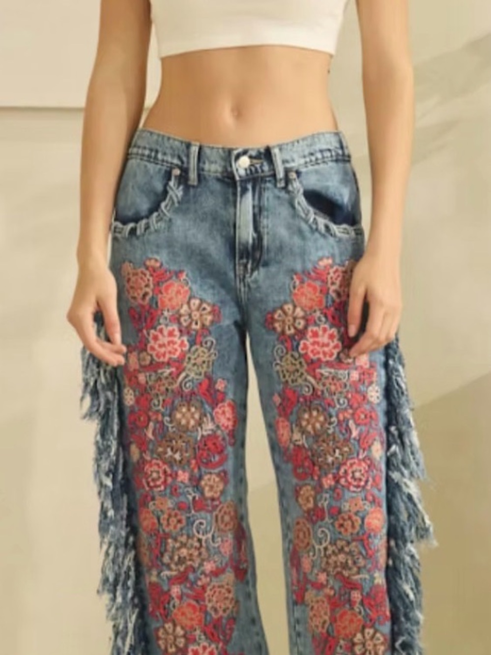 Embroidered Fringe Blue Denim Embroidered Jeans - Picture 5 of 5